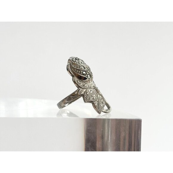 Rosebud Art Deco Clark & Coombs Marcasite Straight Shank Vintage Ring - sz 6 - Picture 3 of 10